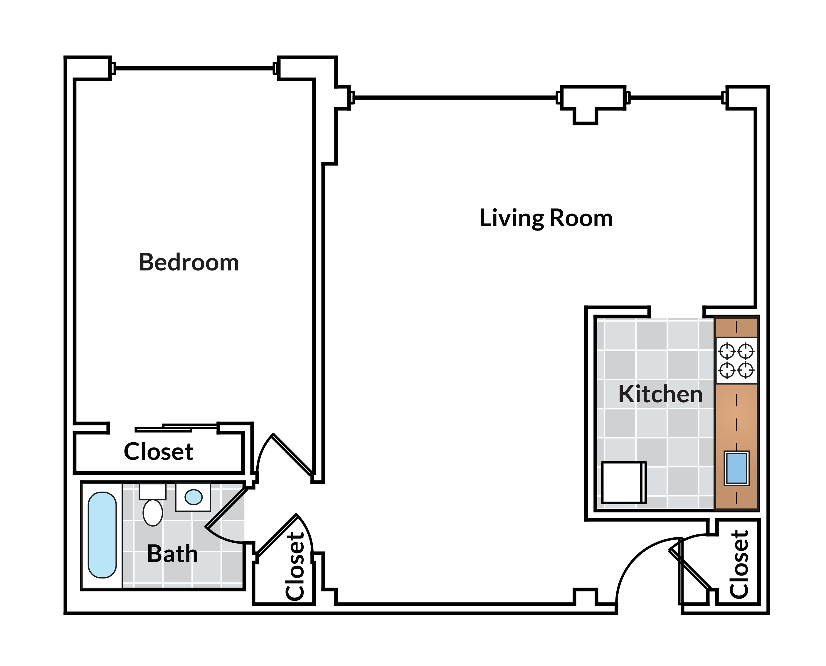 Floor plan for 1 bed, 1 bath, 563 sqft